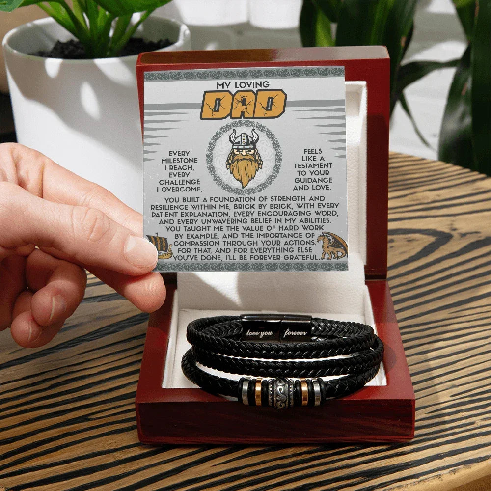 My Loving Dad Birthday, Father's Day Gift - Men's Vegan Leather Bracelet with Viking-Inspired “Foundation Builder” Message Card