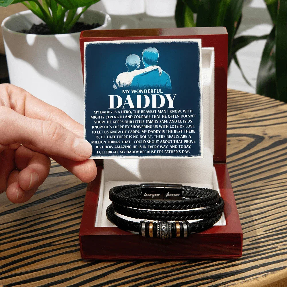 My Wonderful Daddy - Men's Vegan Leather Bracelet with Message Card - Meaningful Gift for Dad from Son or Daughter