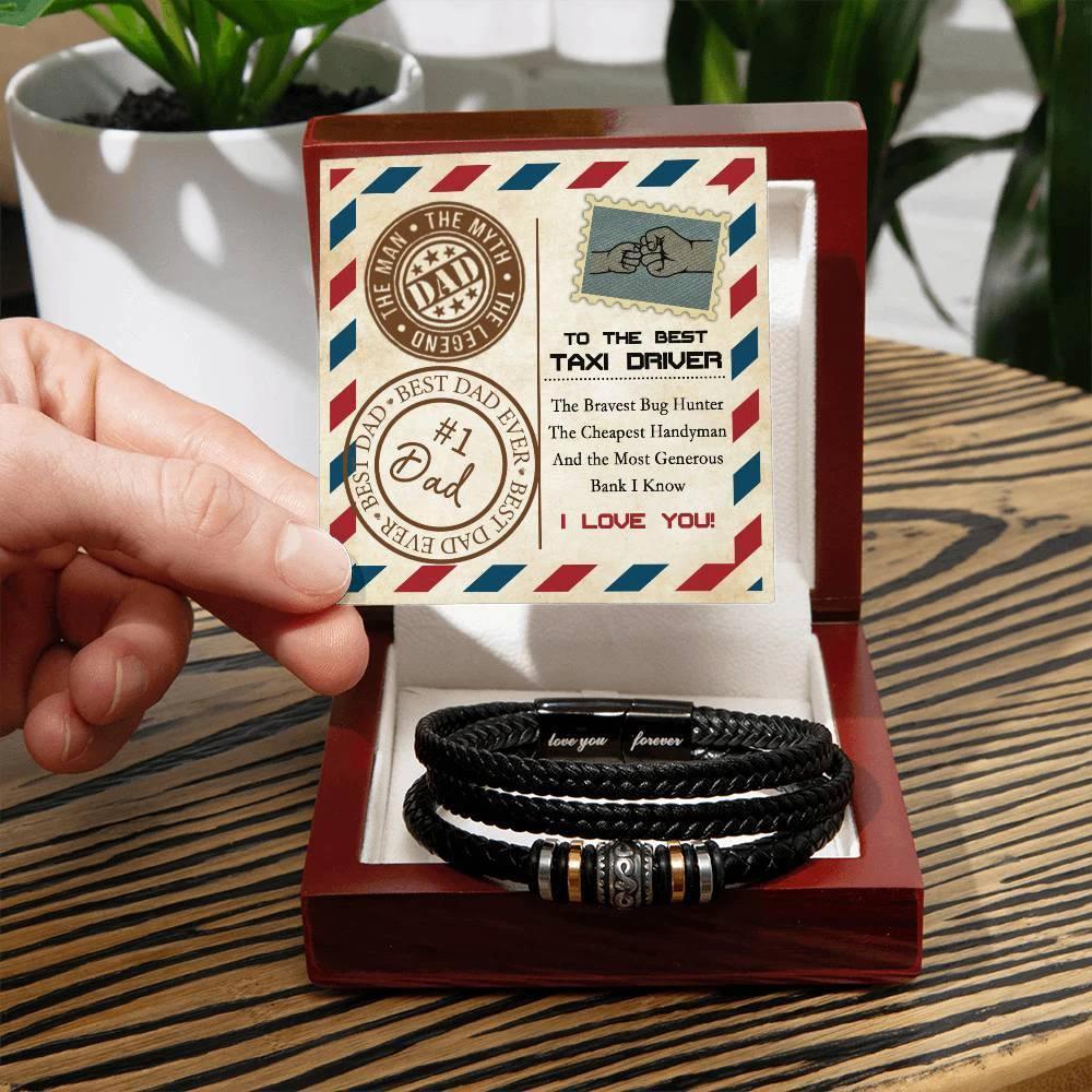 To the Best Taxi Driver – Funny Father’s Day Leather Bracelet Gift for Dad – From the Bravest Bug Hunter to the Most Generous Bank I Know – Black Braided Engraved Dad Bracelet with Gift Box