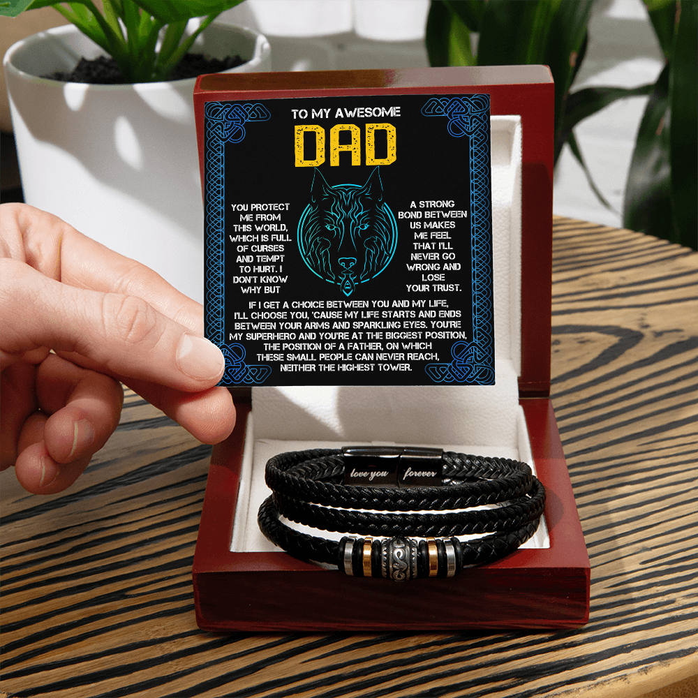 My Warrior Dad - Father's Day Gift for Dad - Men's Braided Vegan Leather Bracelet with Quiet Strength Warrior Message Card - Mallard Moon Gift Shop