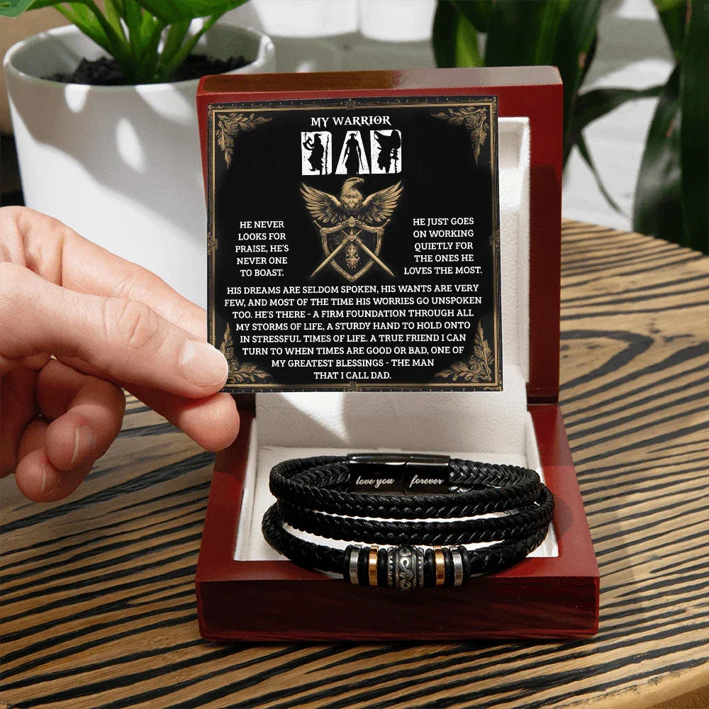 My Warrior Dad - Father's Day, Birthday Gift for Dad - Men's Braided Vegan Leather Bracelet with Quiet Strength Warrior Message Card