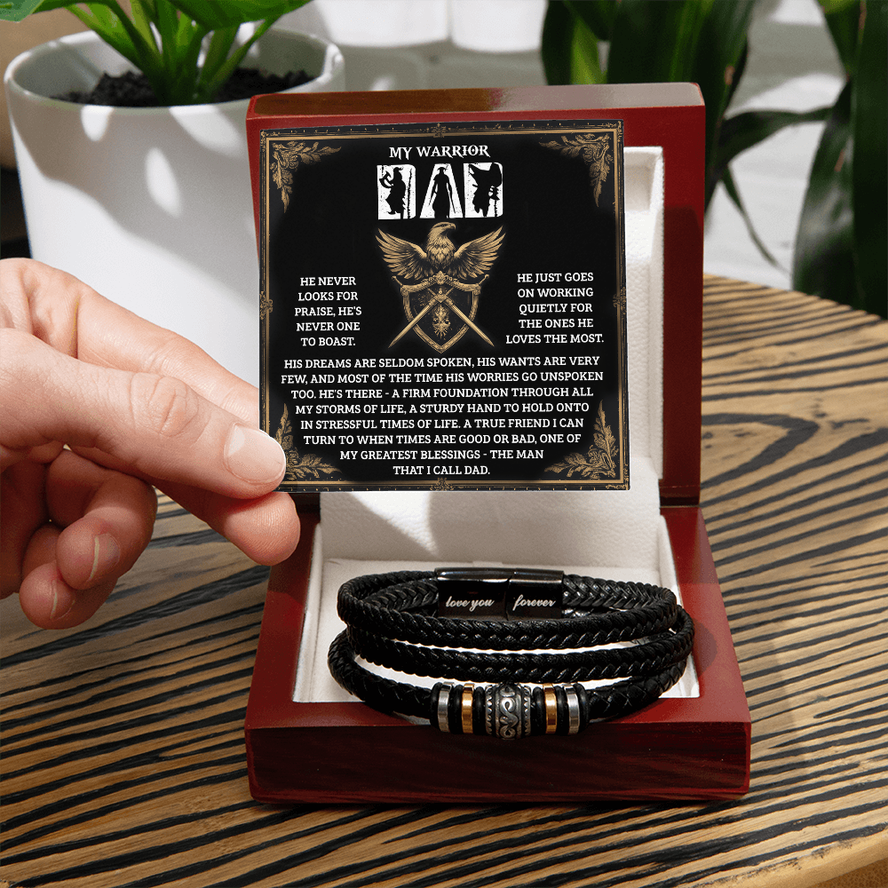 My Warrior Dad - Father's Day, Birthday Gift for Dad - Men's Braided Vegan Leather Bracelet with Quiet Strength Warrior Message Card - Mallard Moon Gift Shop