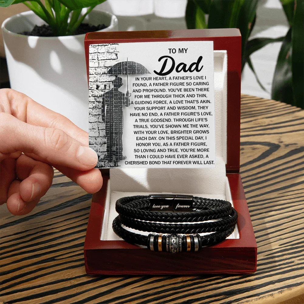 To My Dad Men's Vegan Leather Bracelet Birthday, Father's Day Gift with Heartfelt “Father Figure” Message Card -