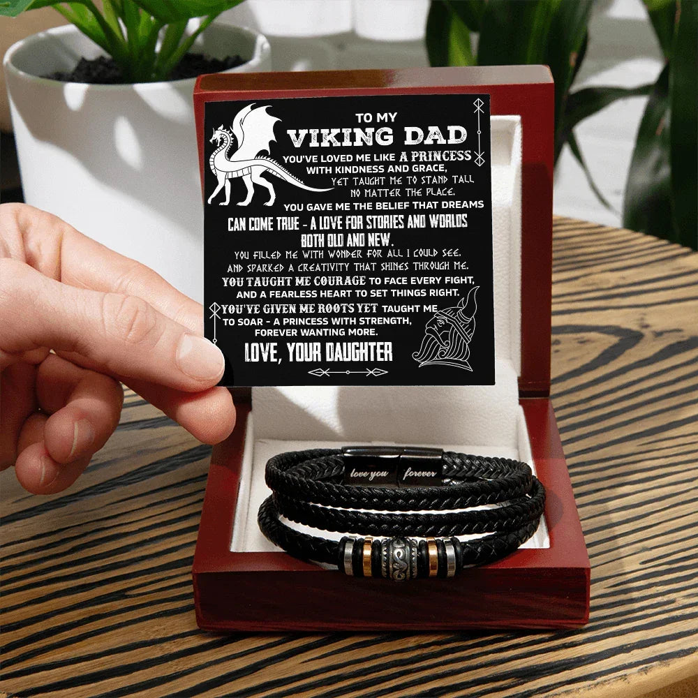 To My Viking Dad Vegan Leather Bracelet Birthday, Father's Day Gift from Daughter with Viking Dragon “Princess Strength” Message Card