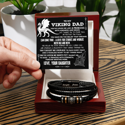 To My Viking Dad Vegan Leather Bracelet Birthday, Father's Day Gift from Daughter with Viking Dragon “Princess Strength” Message Card - Mallard Moon Gift Shop