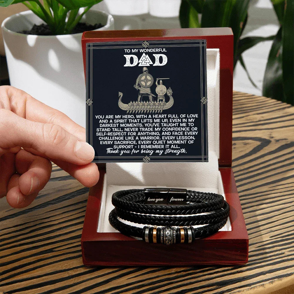 Dad - You are my Hero - Braided Vegan Leather Bracelet with Viking Heartfelt Message Card Birthday, Father's Day, Christmas Gift