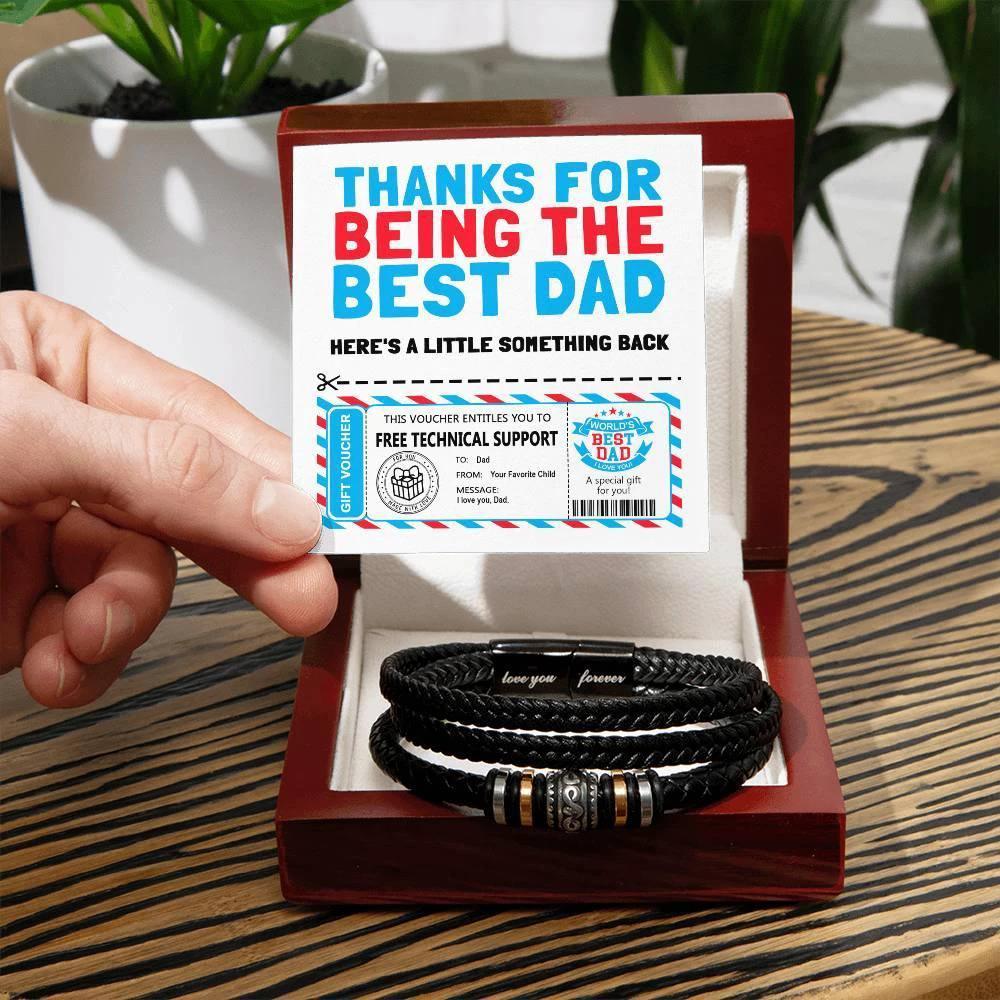 Funny Dad Gift Voucher Bracelet – Free Tech Support Token for the World’s Best Dad – Father’s Day Leather Bracelet Gift from Son or Daughter with Humorous Message Card
