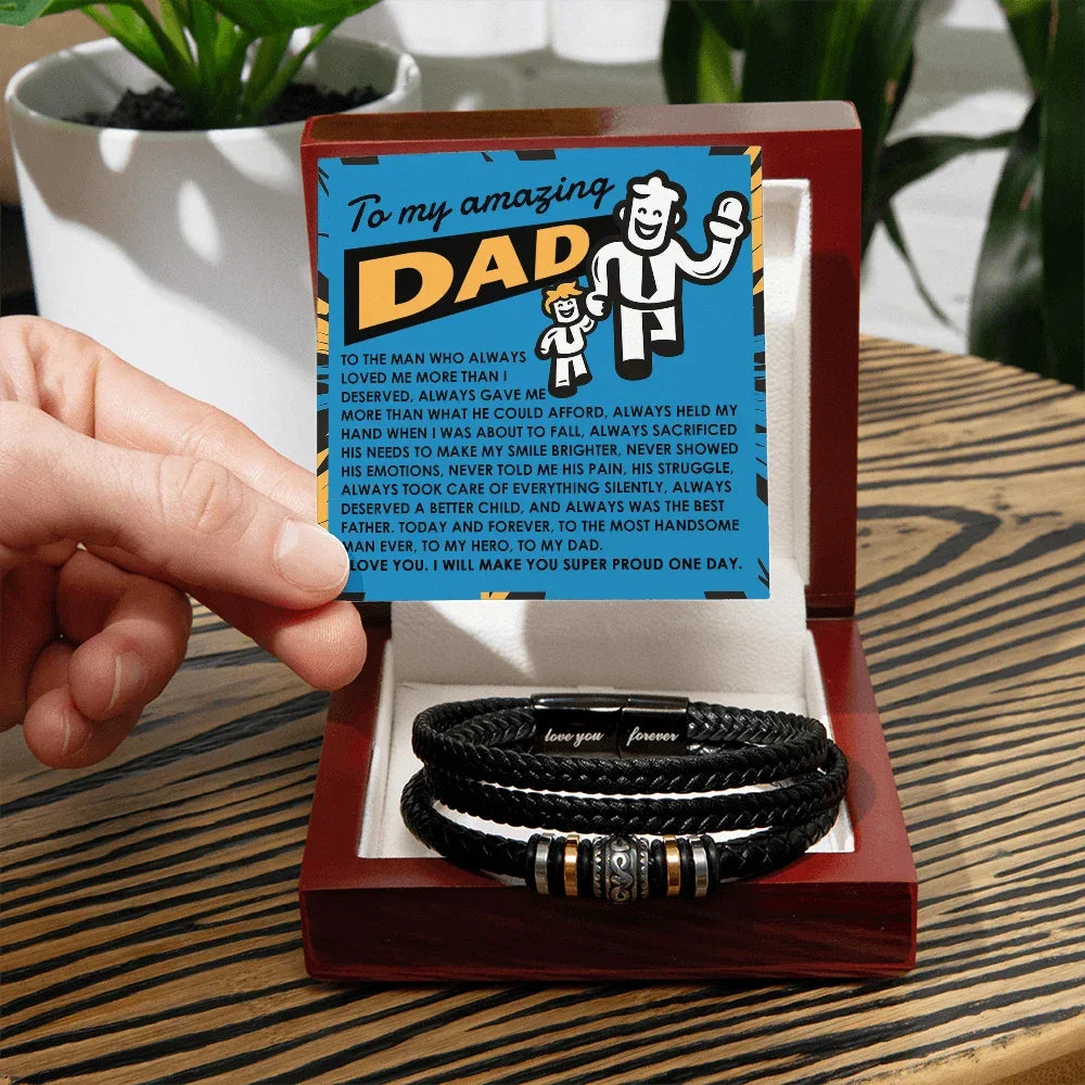 To My Amazing Dad Vegan Leather Bracelet Birthday, Father's Day Gift - with Comic-Style “Handsome Hero” Message Card