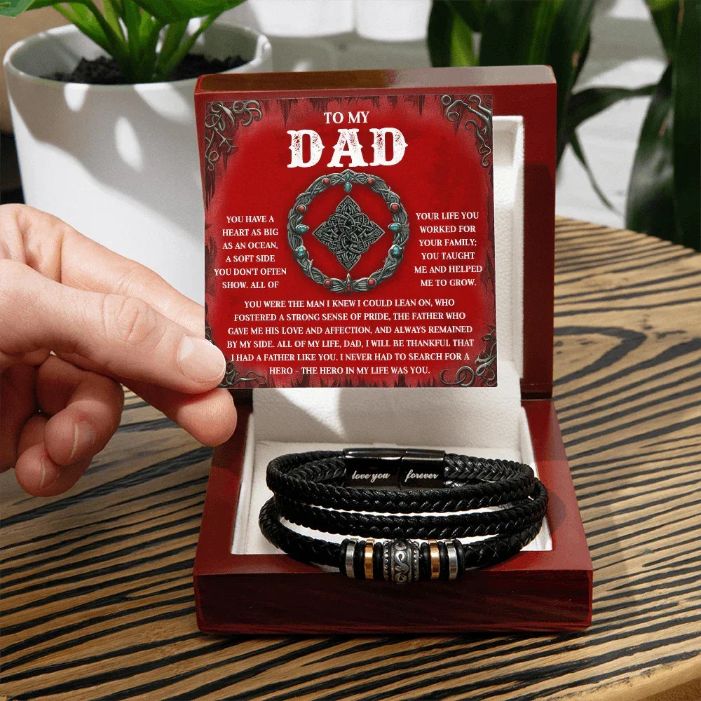 To My Dad Vegan Leather Bracelet Birthday, Father's Day Gift with Celtic-Inspired “Ocean Heart” Message Card