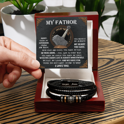 My Father Superhero Viking Men's Vegan Leather Bracelet with Norse-Inspired Superhero Message Card - Unique Gift for Dad from Son or Daughter - Mallard Moon Gift Shop