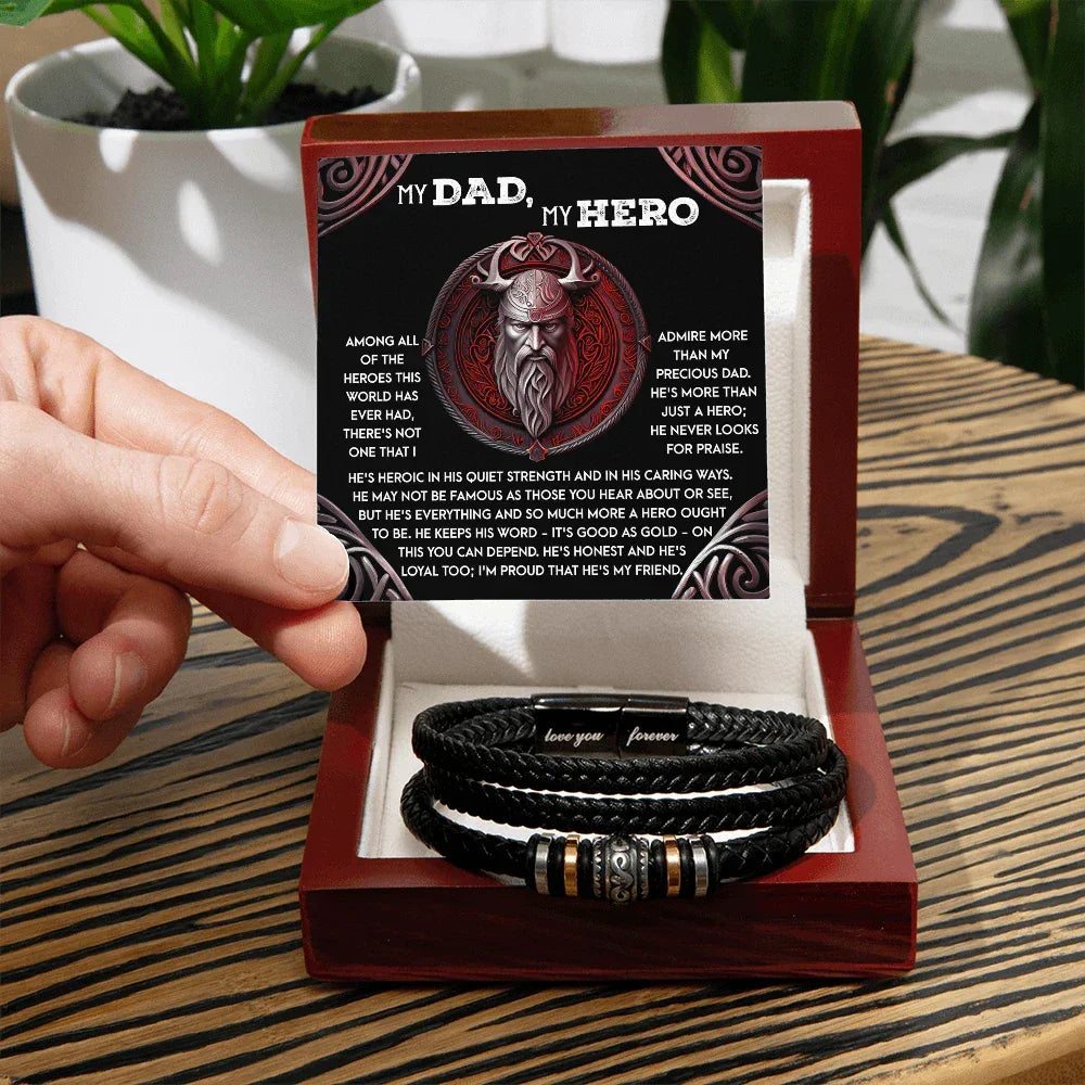 To My Dad, My Hero - Father's Day, Birthday Gift for Dad - Men's Vegan Leather Bracelet with Viking Quiet Strength Message Card