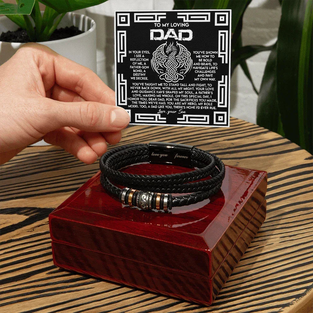 Dad Father's Day Gift from Son - Men's “Love You Forever” Bracelet with Celtic Dragon Message Card - Vegan Leather Beaded Bracelet