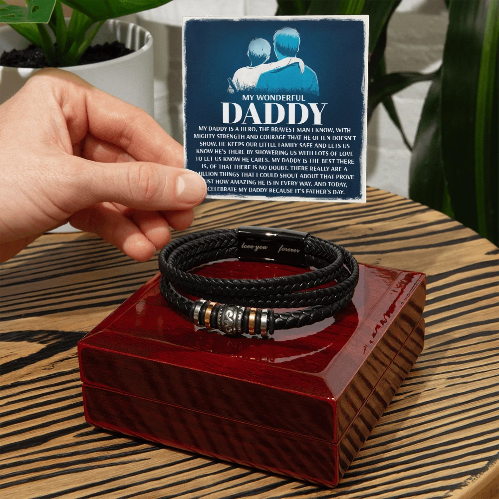 My Wonderful Daddy - Men's Vegan Leather Bracelet with Message Card - Meaningful Gift for Dad from Son or Daughter
