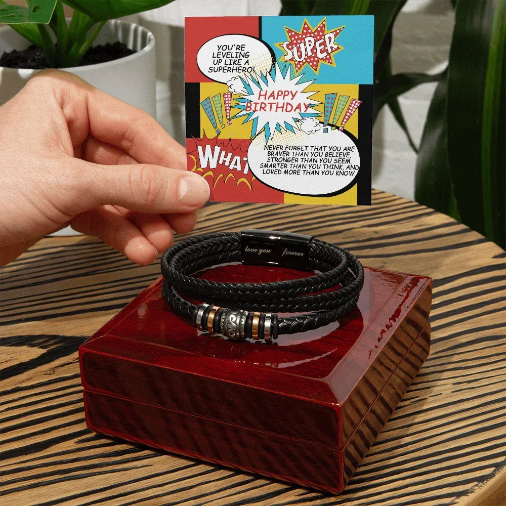Superhero Birthday Bracelet for Him – “Love You Forever” Engraved Men's Gift | Comic Card Style for Son, Husband, or Boyfriend