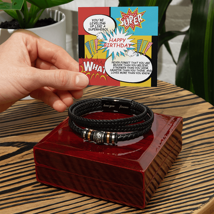 Superhero Birthday Bracelet for Him – “Love You Forever” Engraved Men's Gift | Comic Card Style for Son, Husband, or Boyfriend - Mallard Moon Gift Shop