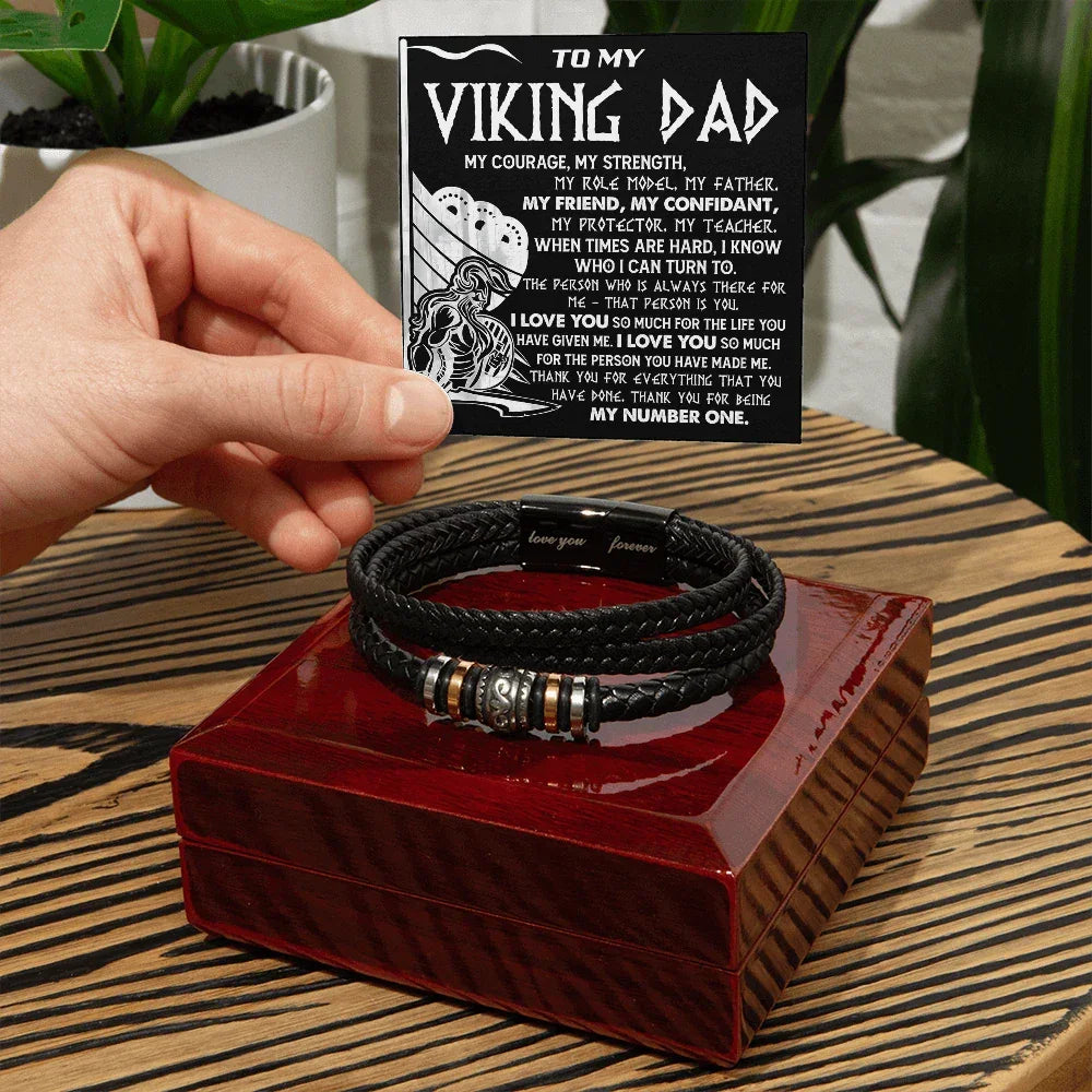 Viking Dad Father's Day, Birthday Gift - Men's Braided Vegan Leather Bracelet with Bold Viking Message Card