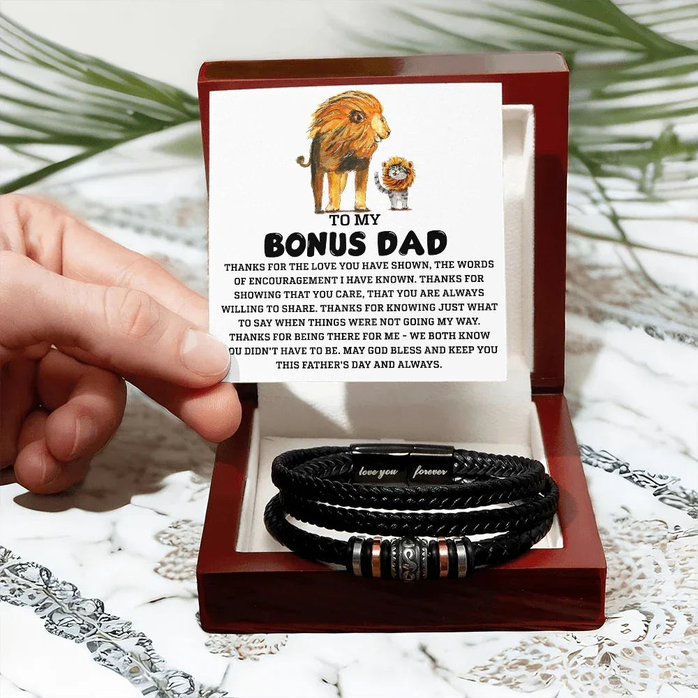 Bonus Dad Father's Day Gift - Men's Love You Forever Bracelet with Grateful Heart Message Card - Braided Vegan Leather Bracelet - Meaningful Stepdad Appreciation Gift