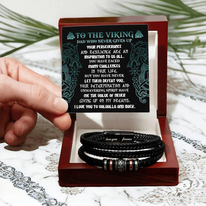 To My Viking Dad - Never Giving Up - Black Braided Leather Men's Bracelet - Mallard Moon Gift Shop