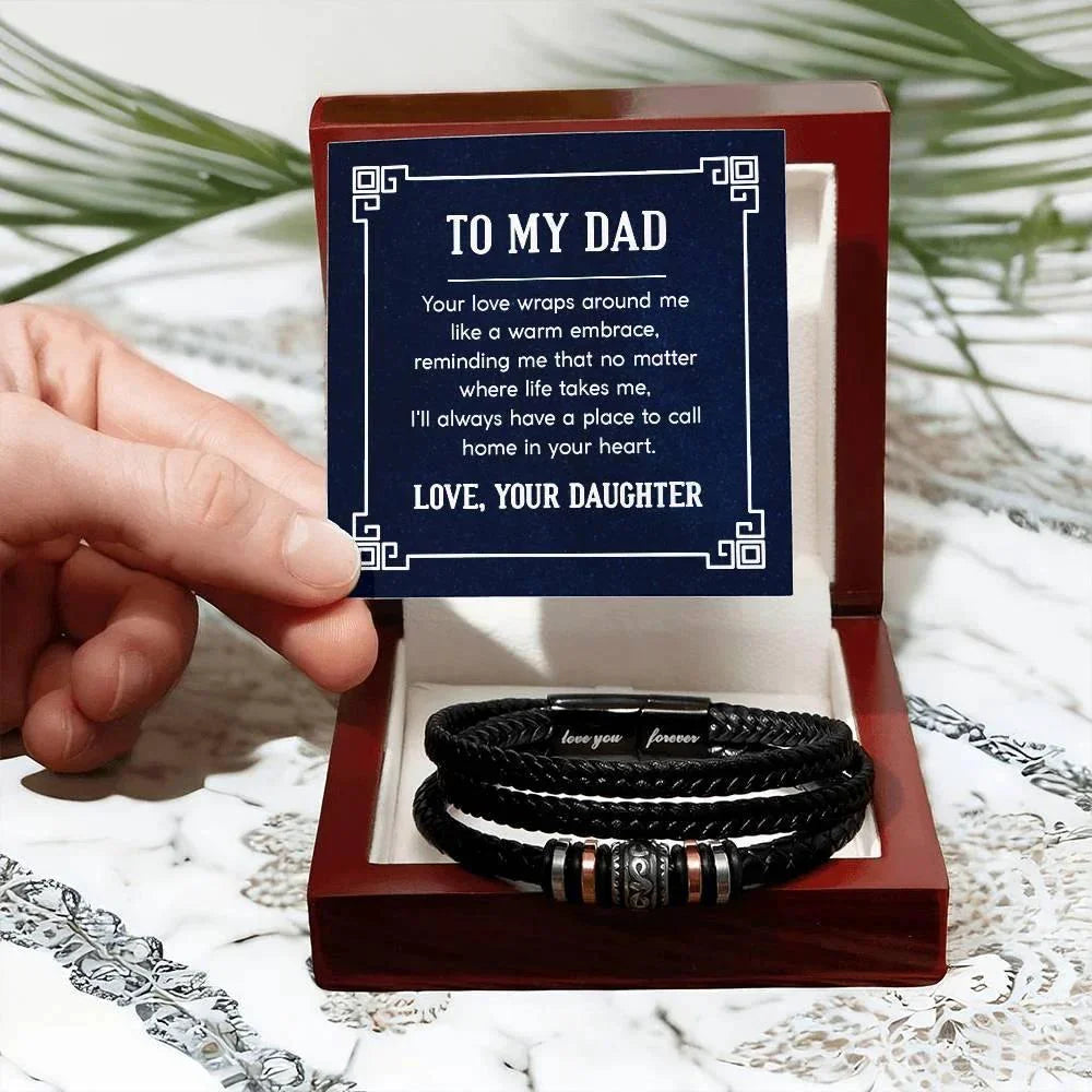 To My Dad Love You Forever Engraved Men's Braided Leather Bracelet – Sentimental Gift from Daughter for Father's Day, Birthday, or Just Because