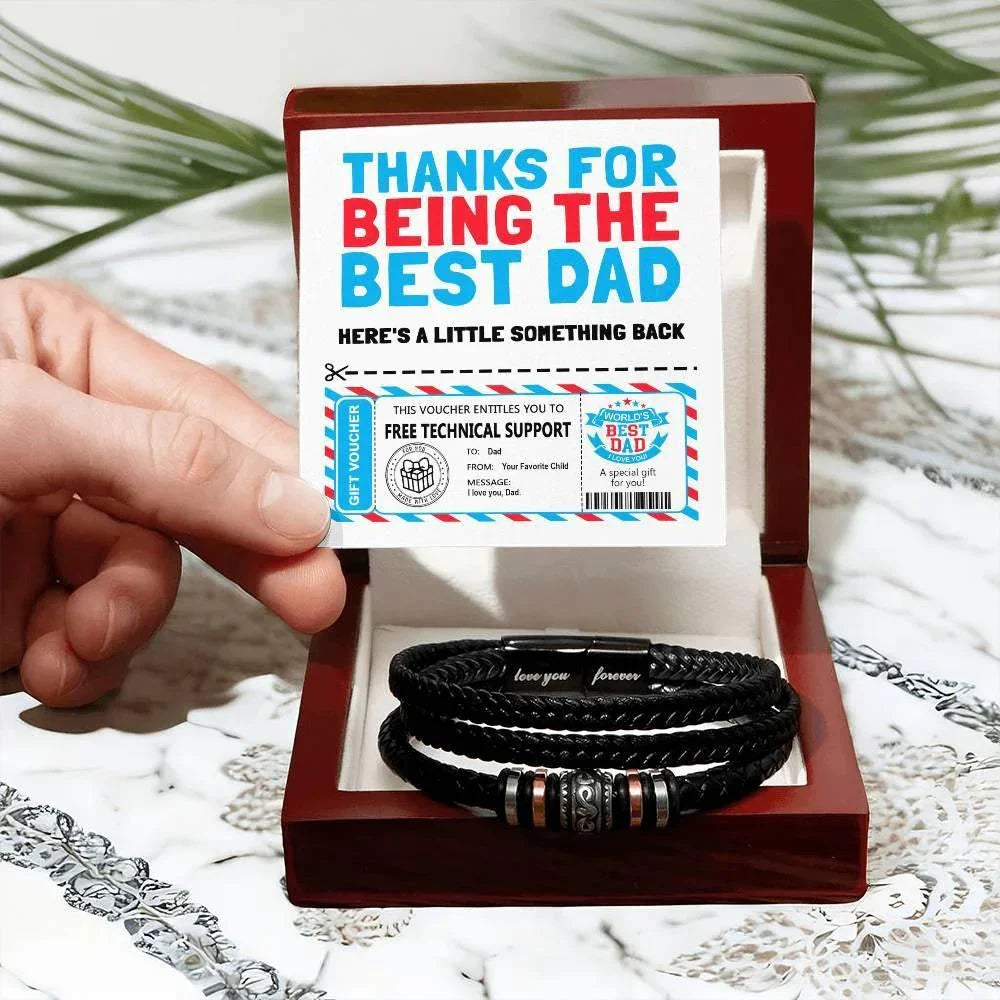 Funny Dad Gift Voucher Bracelet – Free Tech Support Token for the World’s Best Dad – Father’s Day Leather Bracelet Gift from Son or Daughter with Humorous Message Card
