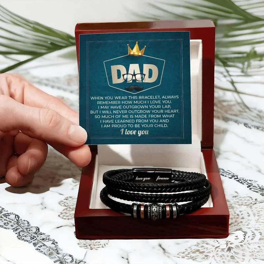 Dad Gift - I Will Never Outgrow Your Heart Braided Leather Men's Bracelet