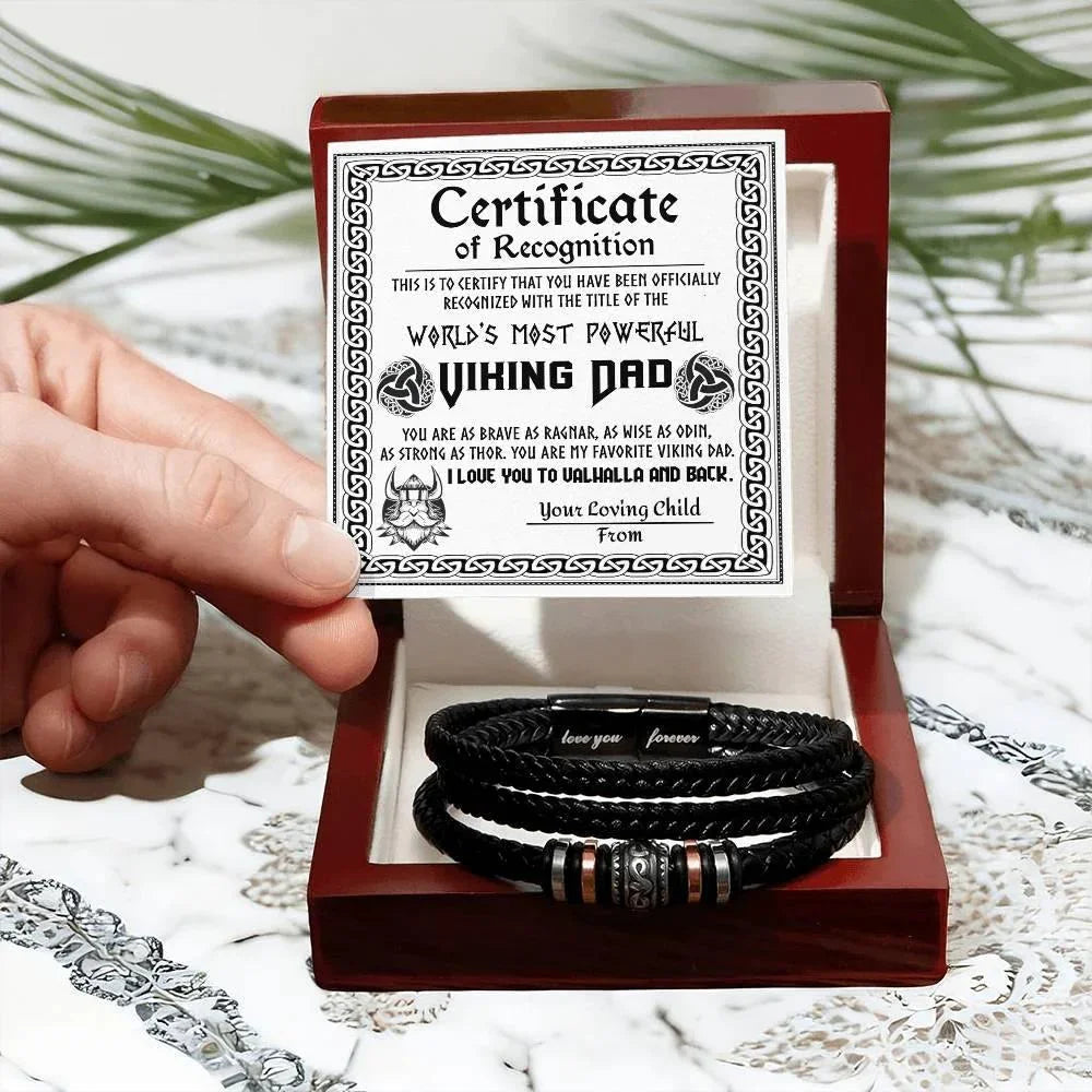 World’s Most Powerful Viking Dad Bracelet – Personalized Certificate Gift from Your Loving Child – Brave, Wise, Strong Norse Mythology Father’s Day Gift Idea – Black Braided Leather Bracelet for Dad