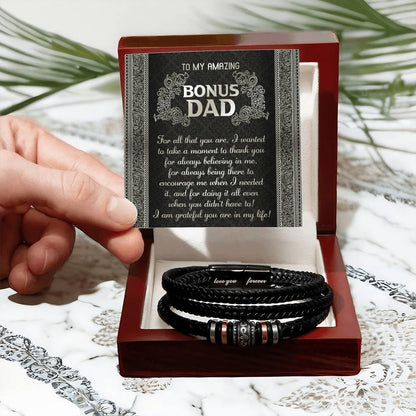 Gift for Bonus Dad I am Grateful You are in My Life Men's Braided Leather Bracelet - Mallard Moon Gift Shop
