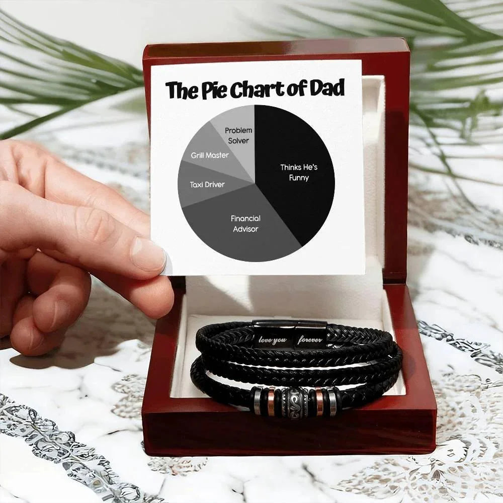 Funny Dad Pie Chart Bracelet Gift - "Thinks He's Funny" Leather Bracelet with Luxe Box - Father's Day or Birthday Gift from Kids