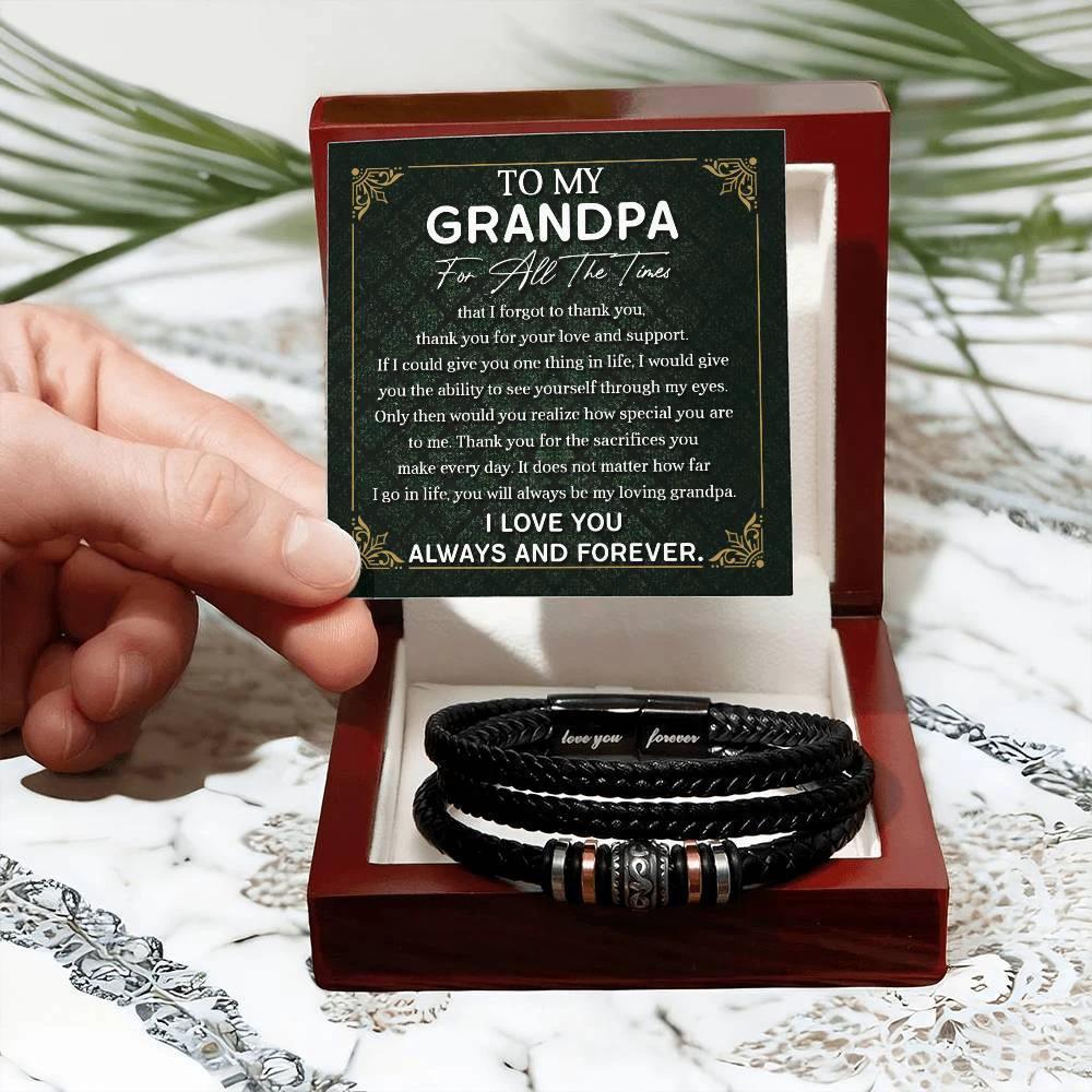 Grandpa Gift Thank You for Your Love and Support Black Braided Leather Men's Bracelet
