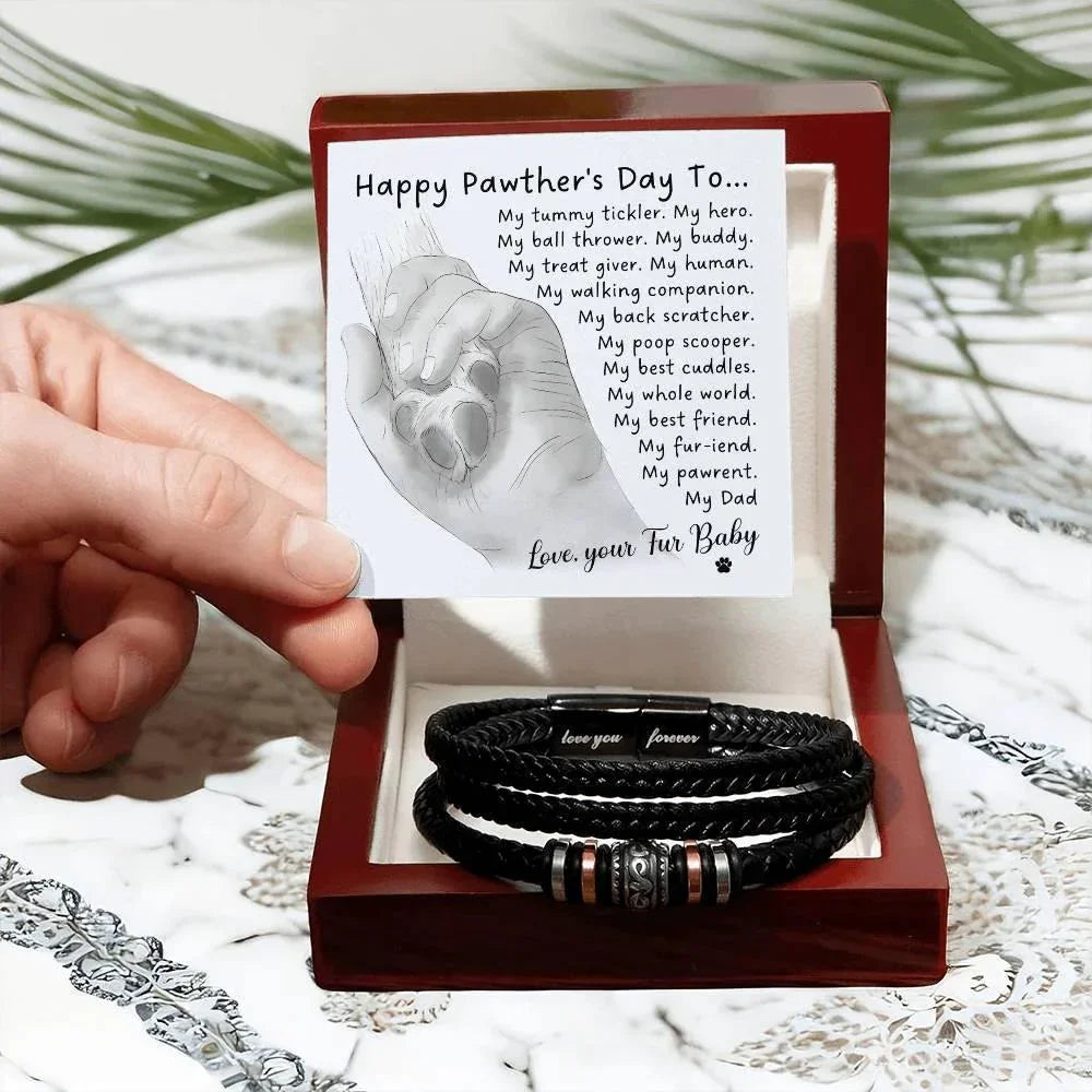 Gift for Fur Dad Happy Pawther's Day Personalized Black Braided Leather Men's Bracelet