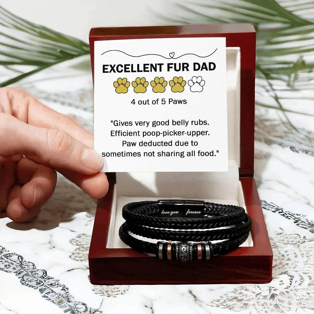 Gift for Fur Dad Belly Rubber Black Braided Leather Men's Bracelet