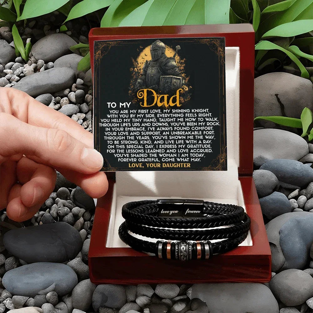 To My Dad from Daughter Birthday, Father's Day Gift - Men's Vegan Leather Bracelet with First Love Message Card