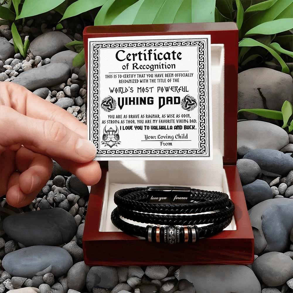 World’s Most Powerful Viking Dad Bracelet – Personalized Certificate Gift from Your Loving Child – Brave, Wise, Strong Norse Mythology Father’s Day Gift Idea – Black Braided Leather Bracelet for Dad