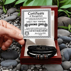World’s Most Powerful Viking Dad Bracelet – Personalized Certificate Gift from Your Loving Child – Brave, Wise, Strong Norse Mythology Father’s Day Gift Idea – Black Braided Leather Bracelet for Dad