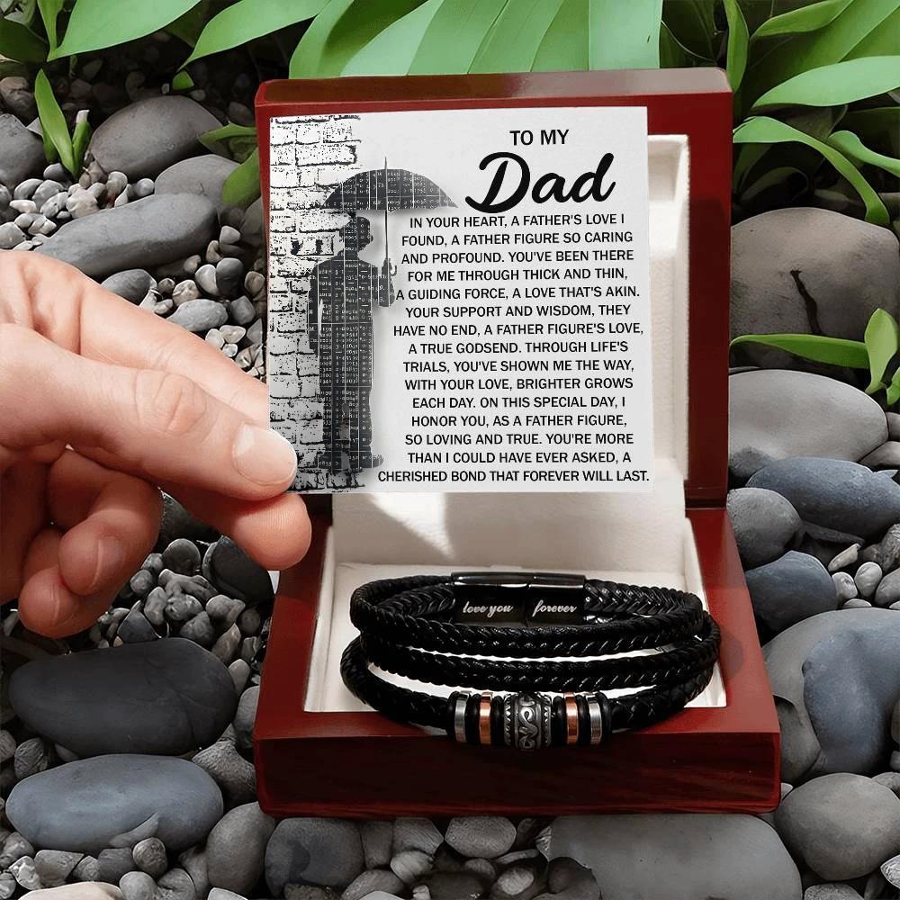 To My Dad Men's Vegan Leather Bracelet Birthday, Father's Day Gift with Heartfelt “Father Figure” Message Card -