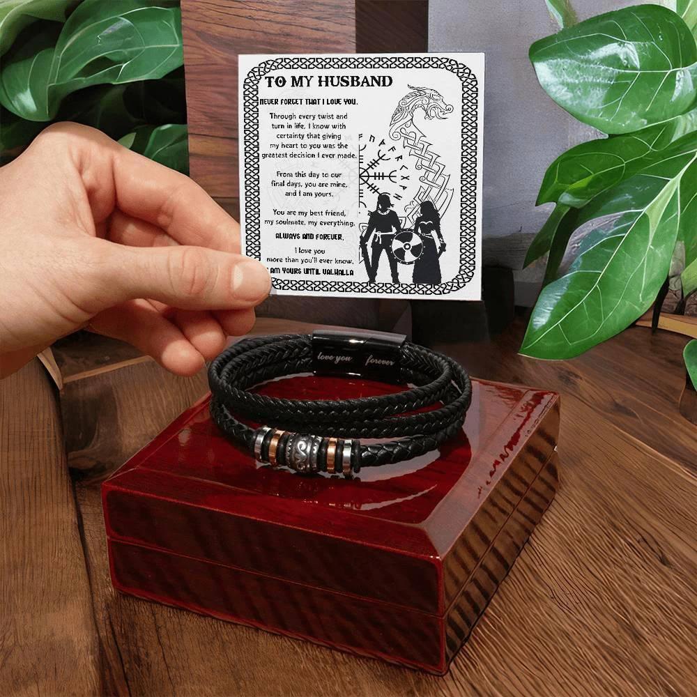 Husband Gift - I am Yours Until Valhalla Men's Braided Leather Bracelet