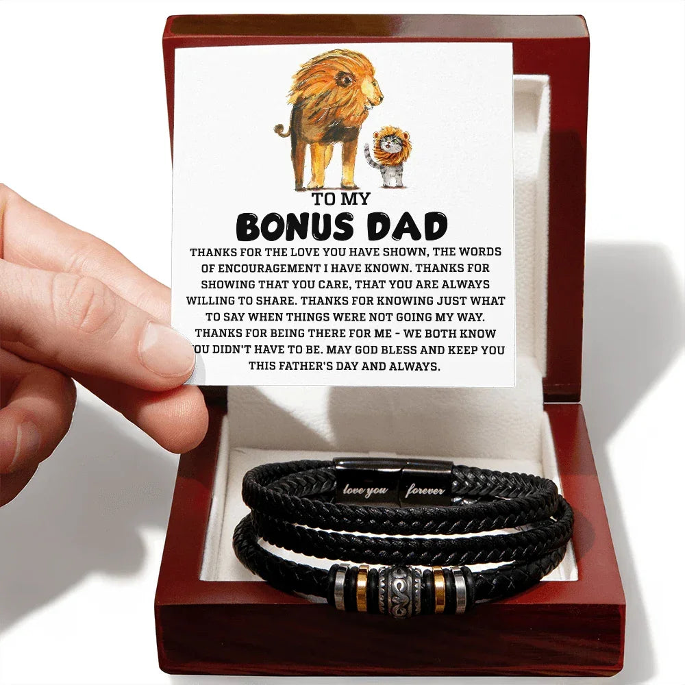 Bonus Dad Father's Day Gift - Men's Love You Forever Bracelet with Grateful Heart Message Card - Braided Vegan Leather Bracelet - Meaningful Stepdad Appreciation Gift