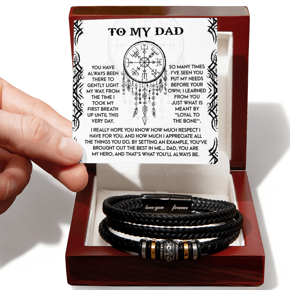 Loyal to the Bone Dad Bracelet – Viking-Inspired Gift for Father from Son or Daughter – Leather Bracelet with Sentimental Message Card - Mallard Moon Gift Shop
