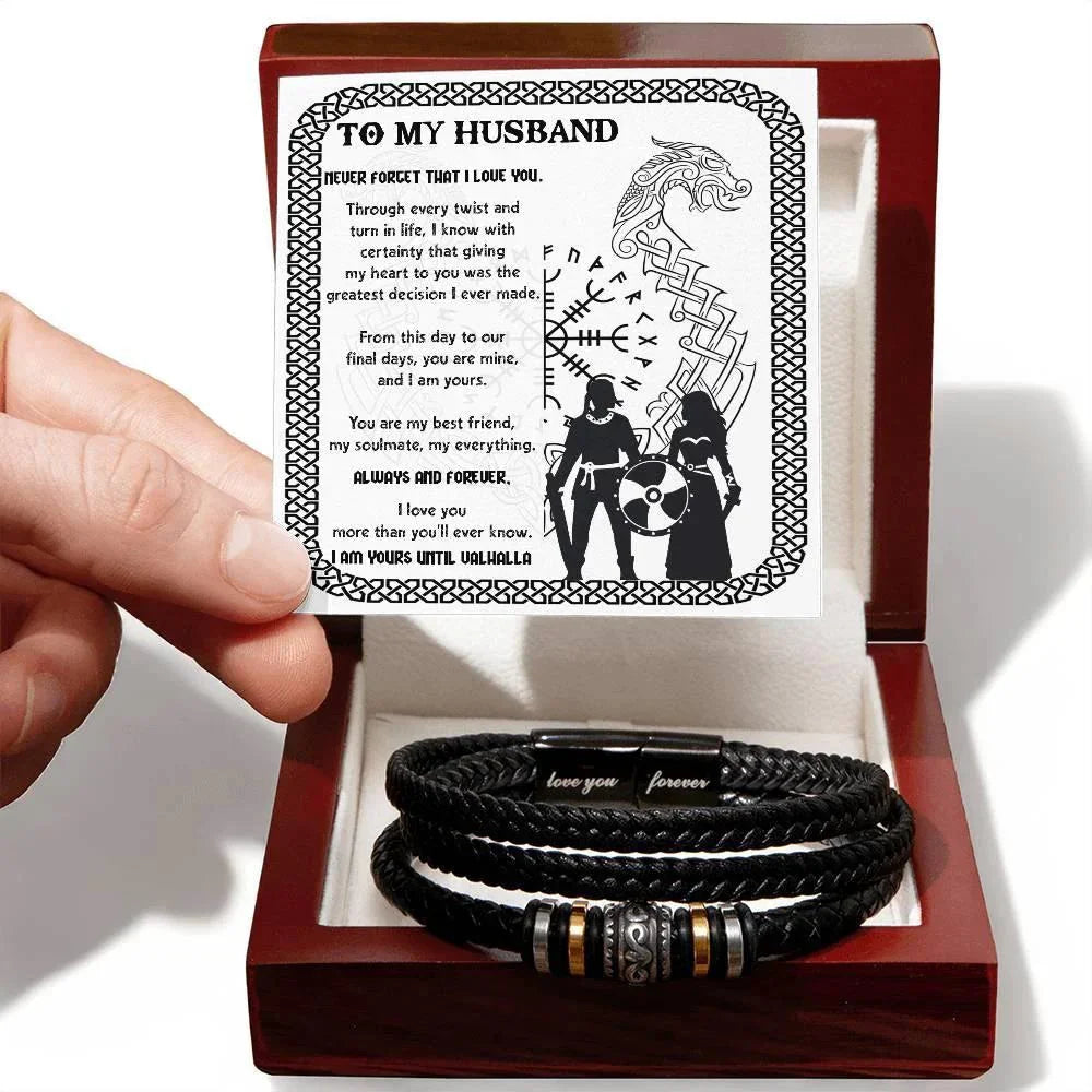Husband Gift - I am Yours Until Valhalla Men's Braided Leather Bracelet