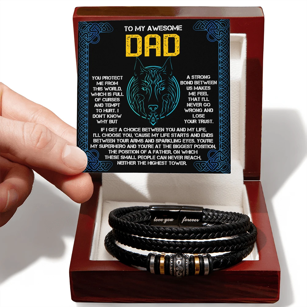 My Warrior Dad - Father's Day Gift for Dad - Men's Braided Vegan Leather Bracelet with Quiet Strength Warrior Message Card
