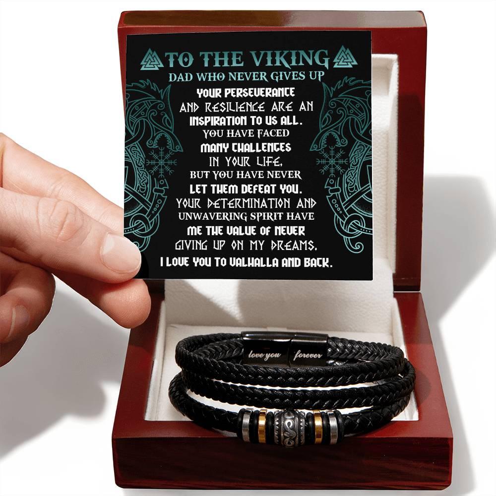 To My Viking Dad - Never Giving Up - Black Braided Leather Men's Bracelet - Mallard Moon Gift Shop