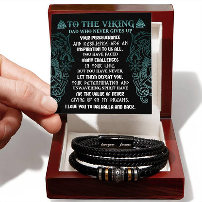 To My Viking Dad - Never Giving Up - Black Braided Leather Men's Bracelet - Mallard Moon Gift Shop