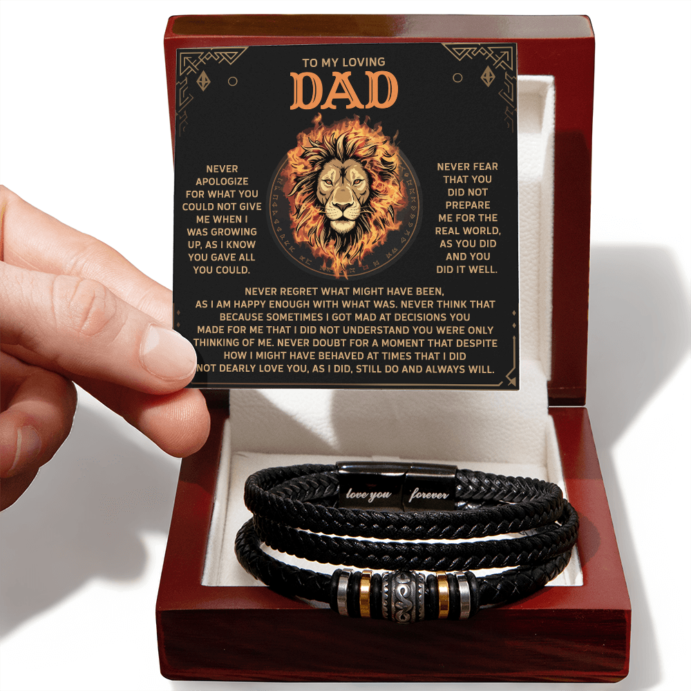 To My Loving Dad Leather Bracelet Gift – Unconditional Love and Appreciation Lion Message Card - Thoughtful Father's Day or Birthday Gift from Son or Daughter - Mallard Moon Gift Shop