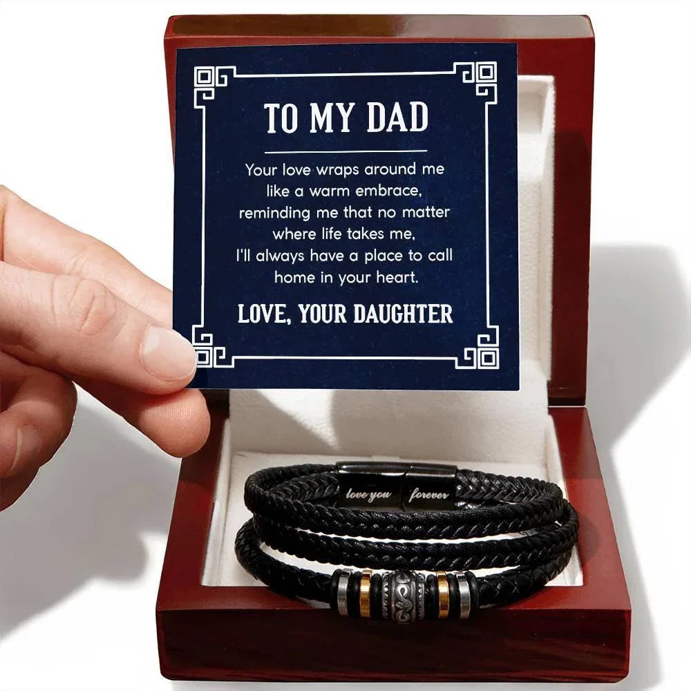 To My Dad Love You Forever Engraved Men's Braided Leather Bracelet – Sentimental Gift from Daughter for Father's Day, Birthday, or Just Because