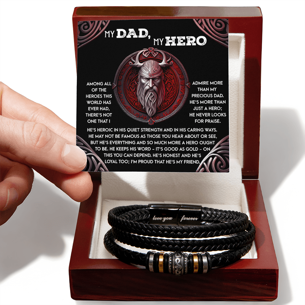 To My Dad, My Hero - Father's Day, Birthday Gift for Dad - Men's Vegan Leather Bracelet with Viking Quiet Strength Message Card - Mallard Moon Gift Shop
