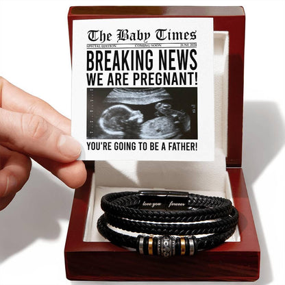 Gift for New Father Breaking News - We Are Pregnant Braided Leather Men's Bracelet - Mallard Moon Gift Shop