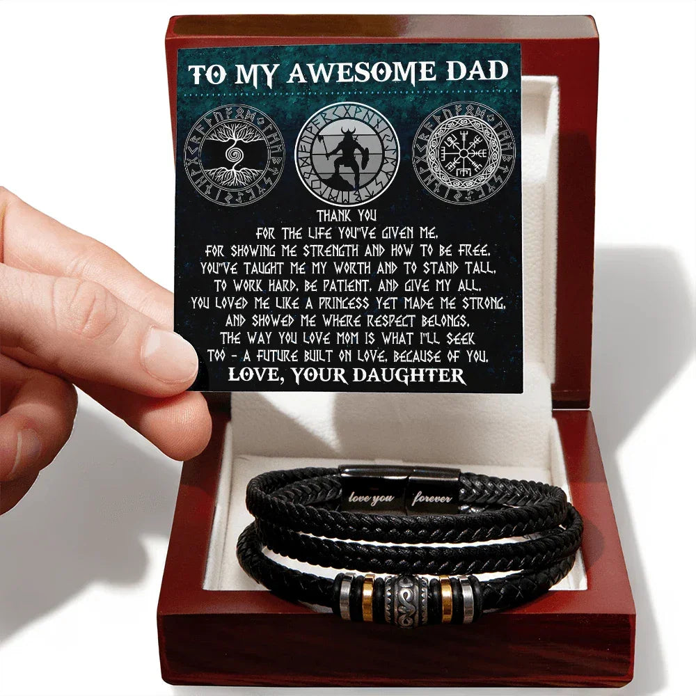 To My Awesome Dad Viking Strong Princess Braided Leather Bracelet Gift from Daughter - Norse Rune Strength & Love Message Gift for Father's Day Birthday or Christmas