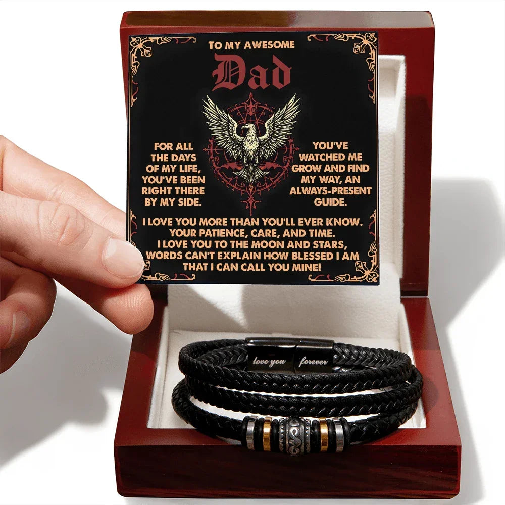 To My Awesome Dad Vegan Leather Bracelet Birthday, Father's Day Gift with Norse-Inspired “Always Present Guide" Message Card -