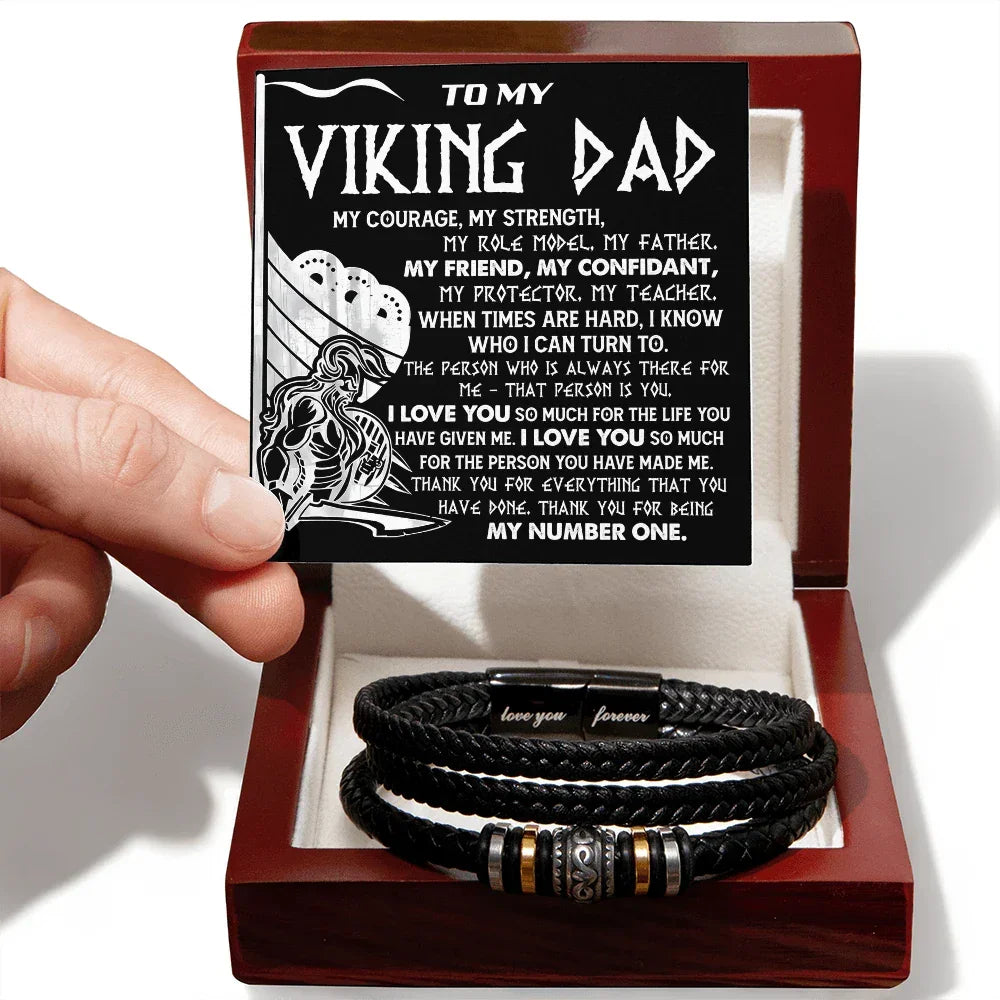 Viking Dad Father's Day, Birthday Gift - Men's Braided Vegan Leather Bracelet with Bold Viking Message Card