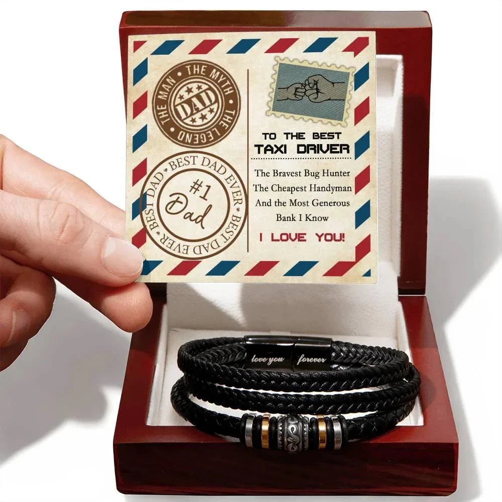 To the Best Taxi Driver – Funny Father’s Day Leather Bracelet Gift for Dad – From the Bravest Bug Hunter to the Most Generous Bank I Know – Black Braided Engraved Dad Bracelet with Gift Box